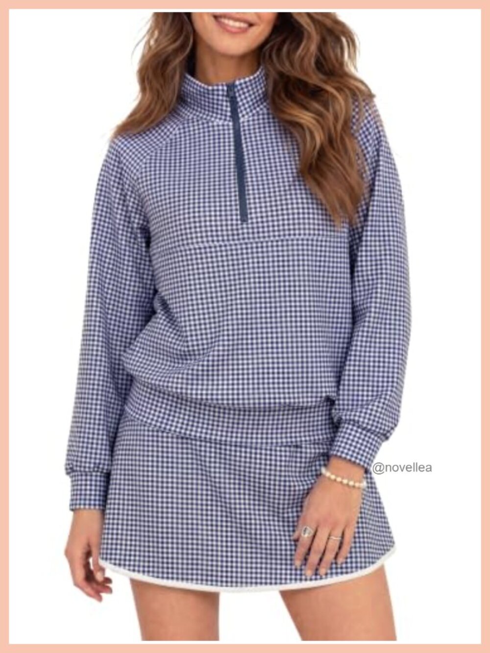 Womens 2 Piece Gingham Half Zip Sweatshirt Mini Skorts Set